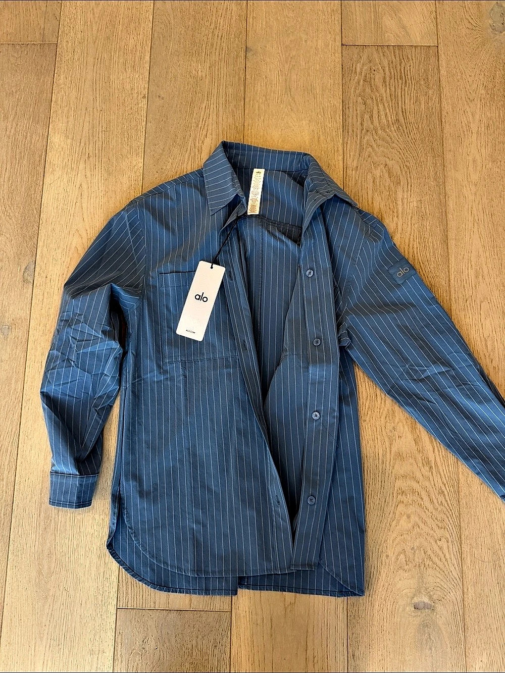 Alo Pinstripe Daylight Button Down Long Sleeve Blue & White Cotton Stripe